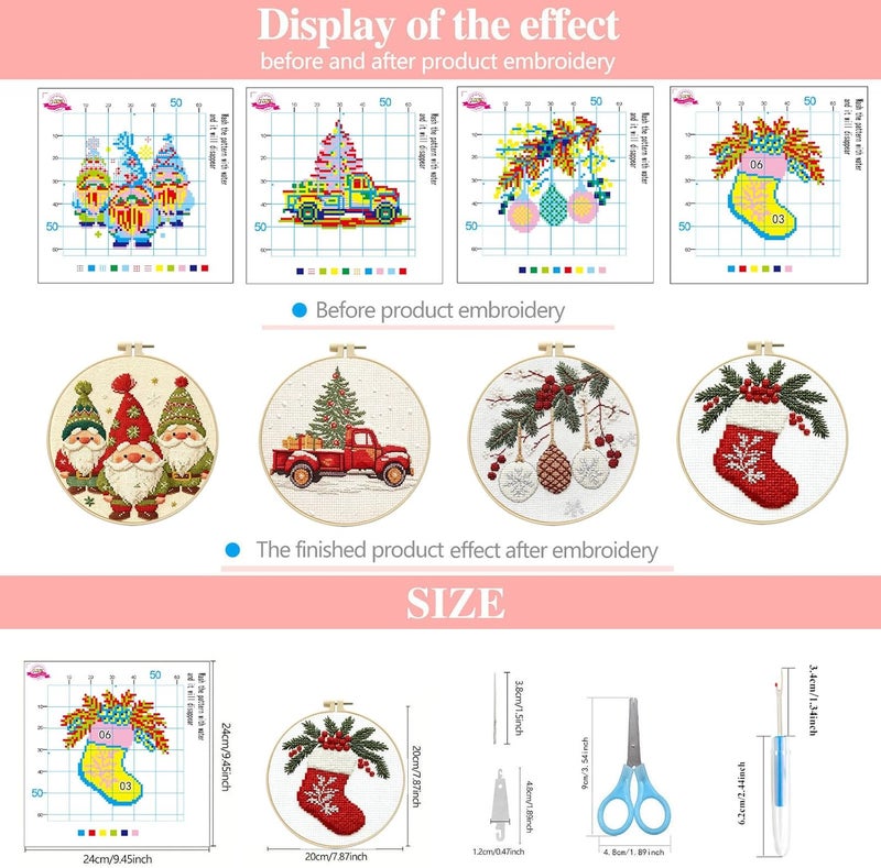 Zhenqing 11CT Stamped Cross Stitch Kit for Adults Beginners, Hand Embroidery Christmas Ornaments with Hoops and Instructions - Four-Piece Stocking Set (68448) - Image 3